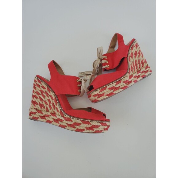 Tory Burch LINLEY Red Canvas Espadrille Wedge Sandals Size 10 M Shoes - Picture 4 of 12
